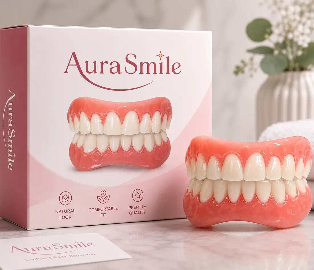 AuraSmile cosmetic teeth set with branded packaging